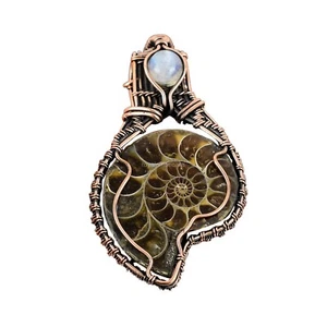 Ammonite Fossil Gemstone Wire Wrapped Pendant Copper Jewelry For Women 2.76" - Picture 1 of 7
