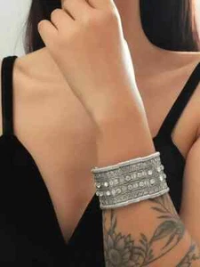 Stainless Steel Unique Vintage Style Two Tone Wide Design Cuff Bangle Bracelet - Picture 1 of 12
