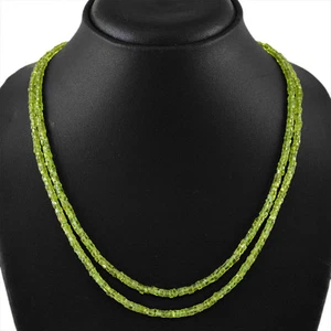 BEST 150.00 CTS NATURAL GREEN PERIDOT 2 LINE ROUND FACETED BEADS NECKLACE (RS) - Picture 1 of 3