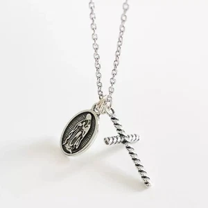 Minimalist Cross & Virgin Mary Necklace 925 Sterling Silver Rhodium Finish - Picture 1 of 5