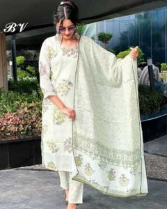 Designer cotton printed long straight kurti with pant and dupatta set, kurta set - Picture 1 of 5