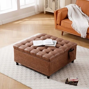 Classic Button Tufted Storage Ottoman Faux Leather Bench Seat Stool Coffee Table - Picture 1 of 21