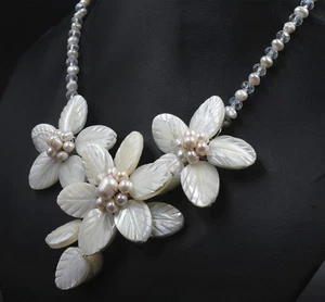 Clásico Enorme Bar Estilo Southsea Concha Perla Tejido a Mano Flor Collar 18"T255 - Imagen 1 de 4