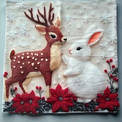 Рождественский наволочка 18x18. Чехол-подушка для оленей и кроликов. Праздничная подушка - Изображение 1 из 4