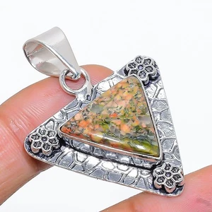 Unakite Gemstone Handmade 925 Sterling Silver Jewelry Pendant 1.81" o863 - Picture 1 of 2