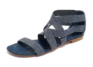 MANOLO BLAHNIK Leoni Blue Cork Denim Elastic Strappy Open Toe Flat Sandals 38 EC - Picture 1 of 12