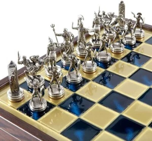 Greek Mythology Chess Set - Brass Nickel Pawns - Blue Wooden case Board - Picture 1 of 5