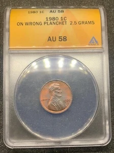 1980 1C Lincoln Cents ON WRONG PLANCHET 2.5 GRAMS AU 58 It is a rare graded coin - Picture 1 of 9