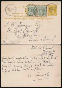 CEYLON QV 1899 POSTAL STATIONERY CARD to AUSTRALIA QUEENSLAND 2c + 2 x 2c KANDY - Picture 1 of 1
