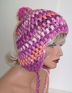 CAPPELLO DONNA ALL'UNCINETTO ROSA ARANCIONE MULTI PARAORECCHIE STILE PERUVIANO BERRETTO BOHO SNOOD BEANIE - Foto 1 di 12