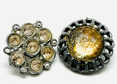 LOT 2 Antique Textured Metal Paste Rhinestone BUTTONS Art Deco Victorian 1800s - Image 1 of 4