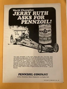 1974 Pennzoil Racing Oil Jerry Ruth Print Ad NHRA Dragster VTG Original 74-1 - Picture 1 of 1