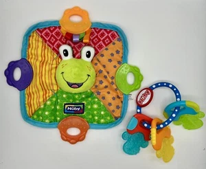 2 Nuby ~ squeaker frog Teething Security Blanket & Ice Gel Teether Keys ~ EUC - Picture 1 of 6