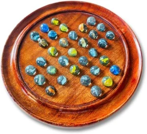 Handcrafted Wooden Marble Solitaire Game Board with 33 Glass Marbles - Classic - Picture 1 of 7
