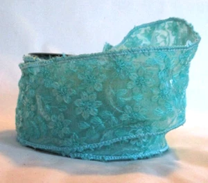 10 Yard Offray Teal Blue Floral sequin embroidered 2 1/2 inch wired ribbon Darcy - Picture 1 of 3