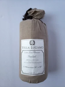 Villa Lugano 2 Pillowcases Cotton Linen NWT Standard Beige Brown - Picture 1 of 7