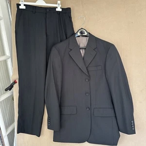 Perry Ellis Mens Black Blue Stripe 2 Piece Suit 38R 32x29 Polyester Blend 3 Btn - Picture 1 of 22