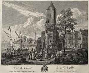 Antique French Etching Tire du Cabinet de Mr. Le Brun Harbor Ships Tower 1775 - Bild 1 von 10