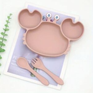 Crab-Shaped Baby Silicone Plate with Suction Cup and Spoon 
