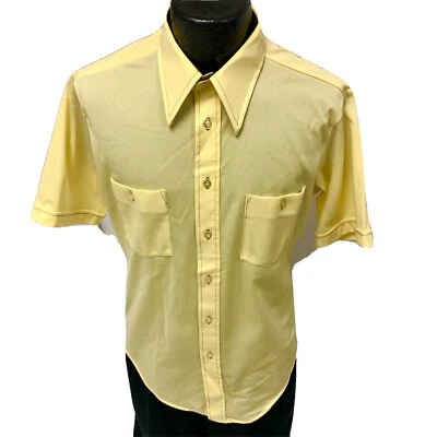 Vtg 70's Charing Cross Men’s MOD Yellow Gold Hippie SHEER DiScO Shirt 16 Retro - Image 1 of 4