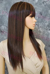 Blonde/Brown/Auburn Long Flat Straight Bangs Heat Safe Human Hair Blend Wig EVAZ - Picture 1 of 7