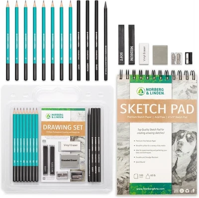 Drawing Set Sketching and Charcoal Pencils 100 Page Drawing Pad Kneaded Eraser. - Image 1 of 4