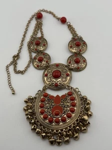 Vintage bronze Red  necklace  Filigree  Big Ornate India Necklace 23 Inches - Picture 1 of 13