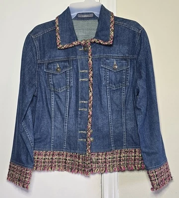 Chaqueta vaquera Liz Claiborne para mujer grande tweed ribete flecos abrigo vaquero azul rosa Foto 1 de 4