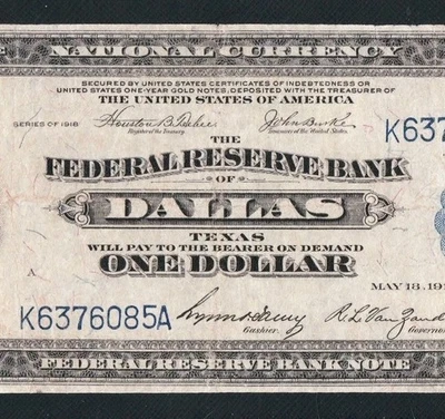 BEAUTIFUL RARE DALLAS GREEN EAGLE 1918 $1 NOTE. NO TEARS  - Image 1 of 3