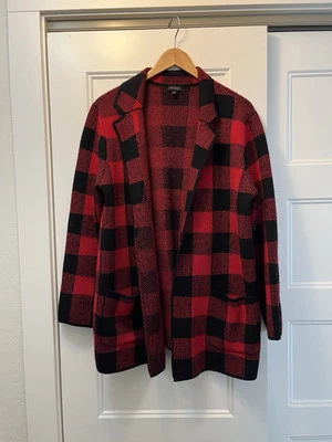 Cárdigan a cuadros Talbots para mujer frente abierto rojo y negro-talla grande Foto 1 de 4