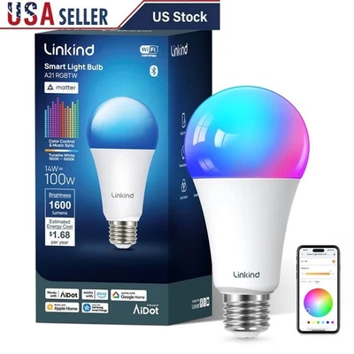 Matter Smart Light Bulb A21 Color Changing 14W Dimmable E26 LED Bulbs 1600lm New - Image 1 of 4