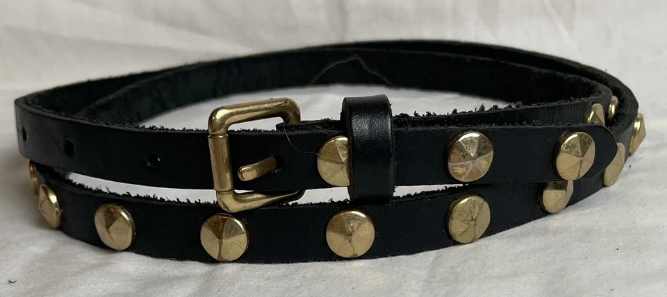 Vtg J Crew Studded Skinny Belt Womens Sz L Black Genuine Leather Brass Hardware - Image 1 of 4