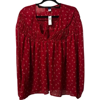 Old Navy Top 女式 XXL 红色白色花卉内衬波西米亚农民草原长袖 — 第 1/4 张图片