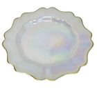 White Iridescent Alabaster Art Glass Gold Scalloped Edge Serving Dinner 11”Plate
