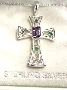Collana con ciondolo croce in argento sterling catenina smeraldo e ametista made in Ireland - Foto 1 di 5