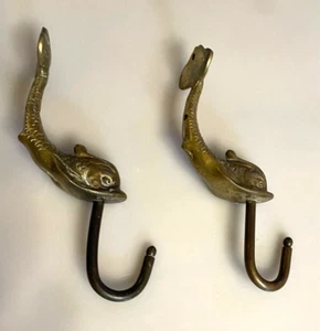 VTG. Pair Brass Koi Fish Maritime Dolphin Towel Rack & Hangar Mounted Hook - Picture 1 of 5