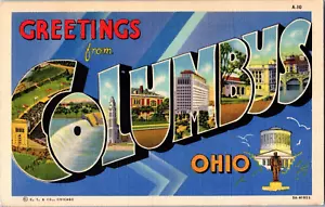 Cartolina Auguri Vintage OHIO Colombo Grande Lettera Biglietto Lino Blu Non Spedita - Foto 1 di 2
