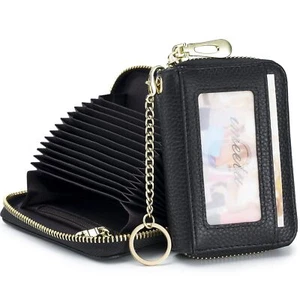 RFID Credit Card Wallet Genuine Leather Zipper Card Case Holder with Removabl... - Picture 1 of 9