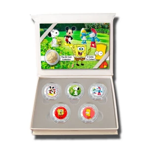 2 Euro Colour Coin Box Set- 5 Cartoons Simpsons Smurfs Snoopy Spongebob Mickey - Picture 1 of 10