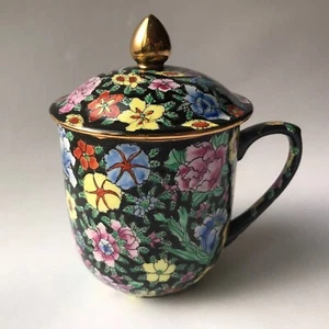 Handbemalte chinesische Blumen Keramik Kaffee/Teetasse mit Deckel, Schwarz Gold Mehrfarbig - Bild 1 von 12