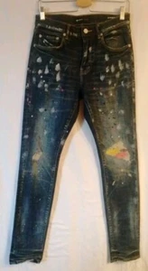 PURPLE BRAND JEANS STYLE #P001 BLUE SKINNY DISTRESSED SPLATTERED PAINT SIZE 30 - Picture 1 of 14