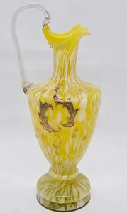 Vintage MCM Czech Bohemian Yellow Hand Blown Art Glass Handled Pitcher Ewer 10" - Picture 1 of 17