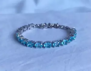 Pulsera Tenis Topacio Azul Ovalada Piedras Preciosas, Plata de Ley 925 Hecha a Mano Joyería - Imagen 1 de 11
