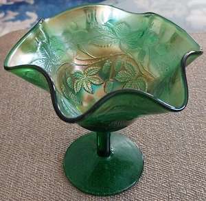 ANTIQUE FENTON 1910 BLACKBERRY BRAMBLE GREEN CARNIVAL GLASS COMPOTE - Picture 1 of 11