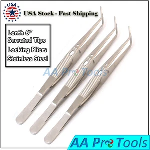 3 Pcs Dental Locking Tweezers Serrated Tips Angled Forceps Dental College Pliers - Picture 1 of 3