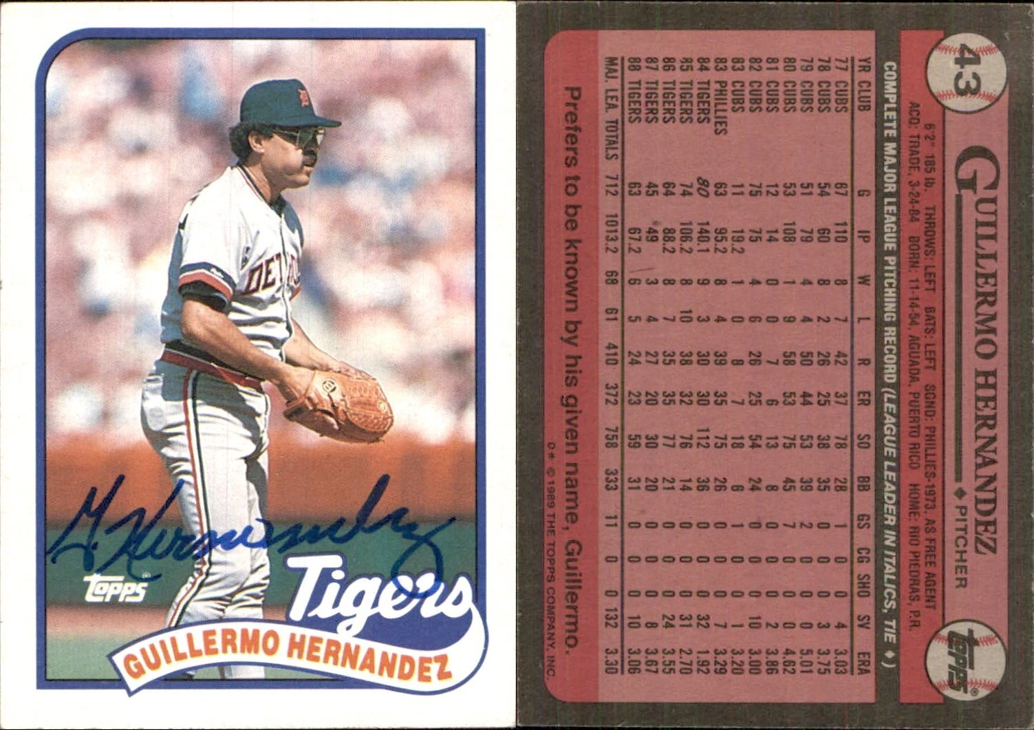Guillermo Hernandez Signed 1989 Topps #43 Card Detroit Tigers Auto AU