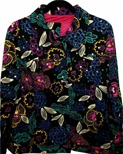 REDD Women's SZ 8 Sequins Black Multi Color Floral Print Denim Jacket Y2K Art - Picture 1 of 8
