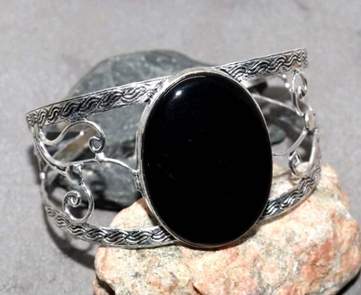 Huge Black Onyx 925 Silver Plated Gemstone Handmade Bangle 6.5" Jewelry GW - Image 1 of 3