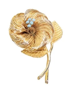 Vintage Gold Tone Wire Wrap Blue Turquoise Flower Statement Pin Brooch - Picture 1 of 5