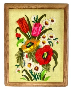 Vintage MCM Floral Crewel Stickerei fertig gerahmt Blumen Sommerwiese - Bild 1 von 11